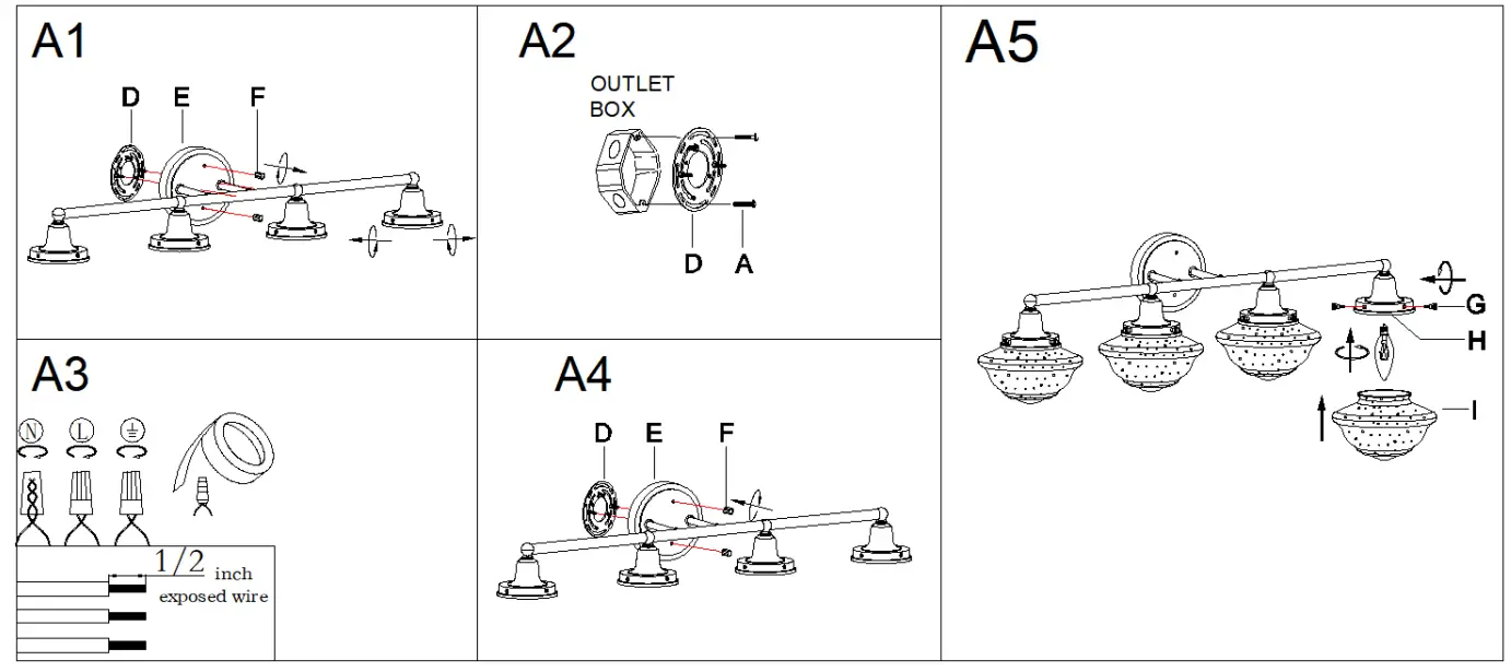 ZEVNI Z-X8FIZFB2-50W4 4 Light Transitional Black Bathroom Vanity Light - assembly